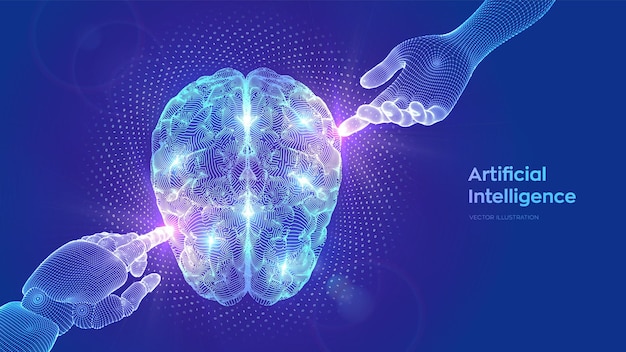 脳 AI 人工知能ニューラル ネットワークバイナリ コード IQ テストでデジタル脳に触れるロボットと人間の手機械学習科学技術の概念ベクトル図