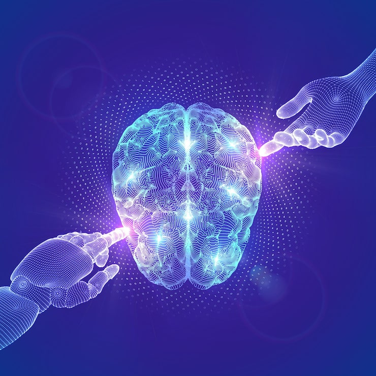 Vector brain ai artificial intelligence neural network hands of robot and human touching digital brain with binary code iq testing machine learning science and technology concept vector illustration