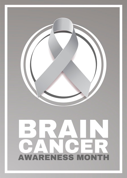 Vector brain cancer awareness month concept banner with text and grey ribbon vector illustration