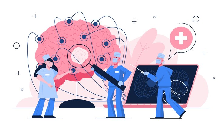 Vector brain cancer examination. doctor standing at big brain. idea of health and medical treatment. doctor detected a brain tumor with mri. idea of healthcare.    illustration