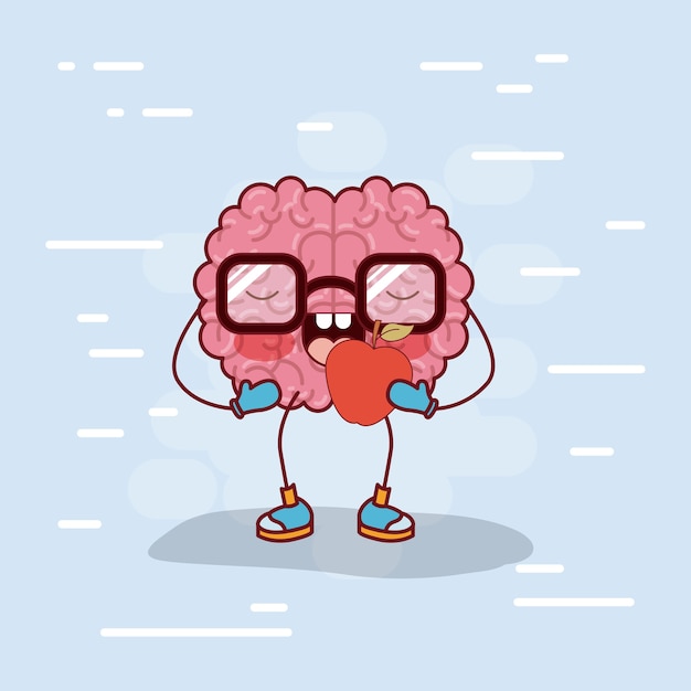 Vector brain cartoon with glasses and eating apple 