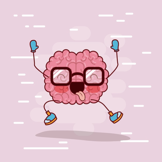 brain cartoon with glasses and happy 