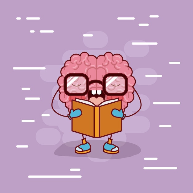 Vector brain cartoon with glasses and reading a book