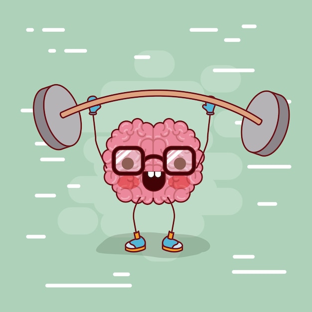 Brain cartoon with glasses and weightlifting