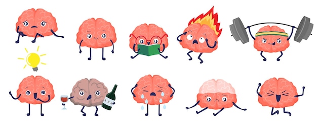 Brain character cartoon cute brain with face book power sadness happy depressed organs