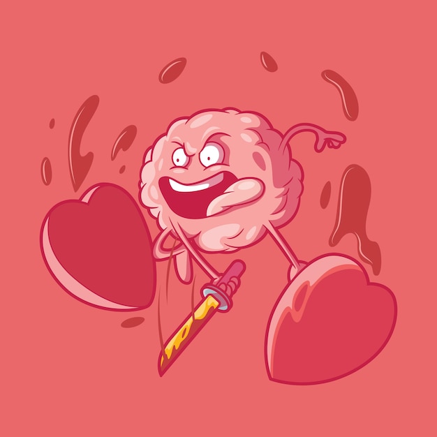 Brain character cutting a heart vector illustration. love, mascot, funny design concept.