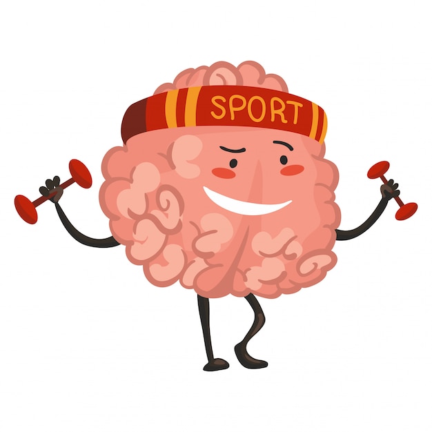 Emozione di carattere del cervello. il carattere del cervello va per lo sport. emoticon divertente del fumetto