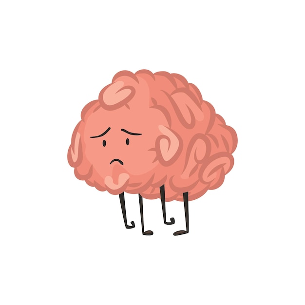 Brain character emotion Intelligence emoji is sad Cute hero brain emoji isolated on white background Funny cartoon emoticon