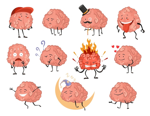 Emozione del carattere del cervello emoji di intelligenza che scivola illustrazione amorevole o sorridente simpatico eroe cervello emoji isolato su sfondo bianco emoticon divertenti dei cartoni animati