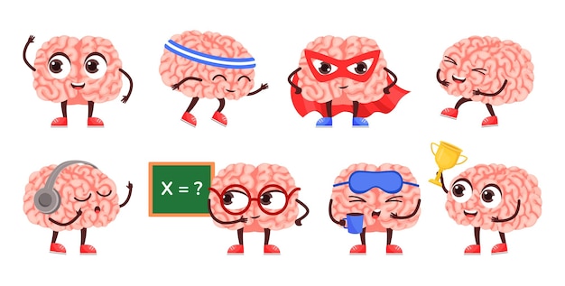 두뇌 캐릭터 행복 스마트 마스코트 슈퍼 영웅 마음과 지적 만화 벡터 일러스트 레이 션 세트