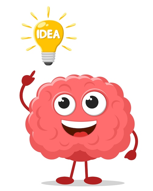 Brain character smiles and shows an idea