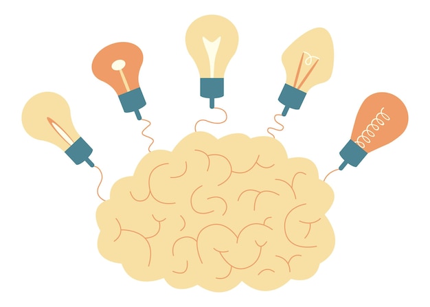 Vector brain and connected lightbulbs. symbol of creativity, idea, reason, thinking. vector illustration