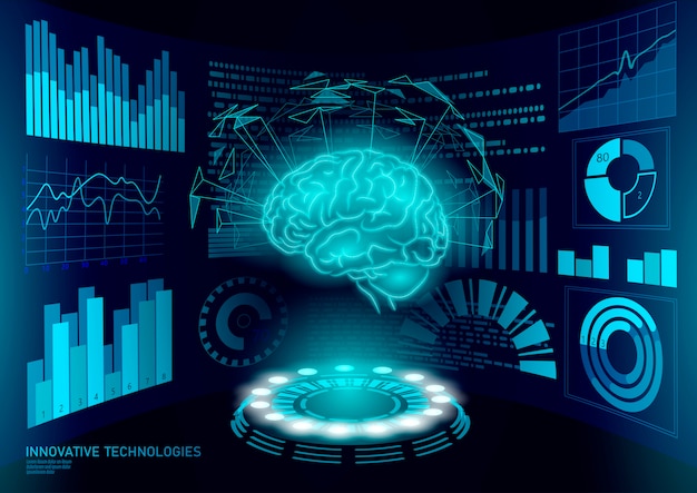 Trattamento diagnostico cerebrale low poly 3d hud. display intelligente stimolante nootropico di droga. medicina online riabilitazione cognitiva nella malattia di alzheimer e illustrazione online medico di demenza