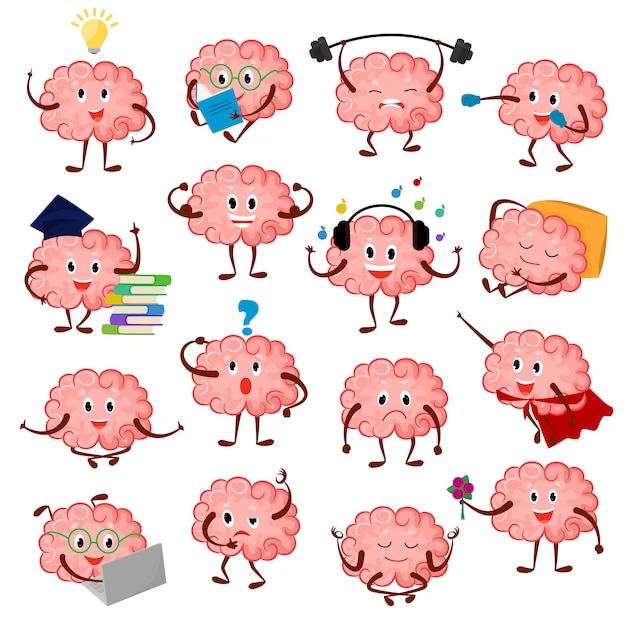 Emoticon di cervello cervello emozione di espressione del personaggio dei cartoni animati e intelligenza emoji studiando illustrazione brainstorming set di uomo d'affari o superman kawaii isolato su sfondo bianco