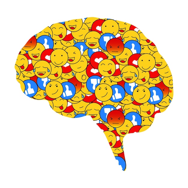 Cervello pieno di emoticon social colorate chat online con monitoraggio costante delle ultime notizie