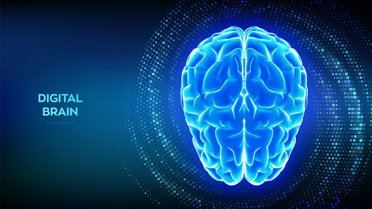 Vector brain futuristic digital brain concept of artificial intelligence machine learning data science innovation technology binary code background with digits 10 binary data flow vector
