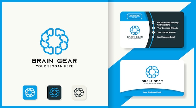 Vettore logo brain gear mono linea e design del biglietto da visita