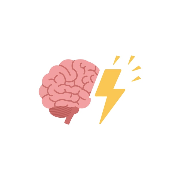 brain illustration with lightning bolt symbolizing inspiration and creativity in a flat design vector art