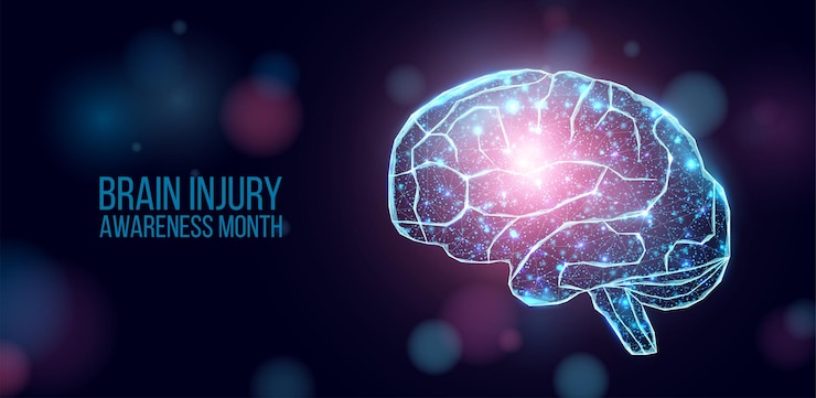 Vector brain injury awareness month concept with glowing low poly brain wireframe low poly style
