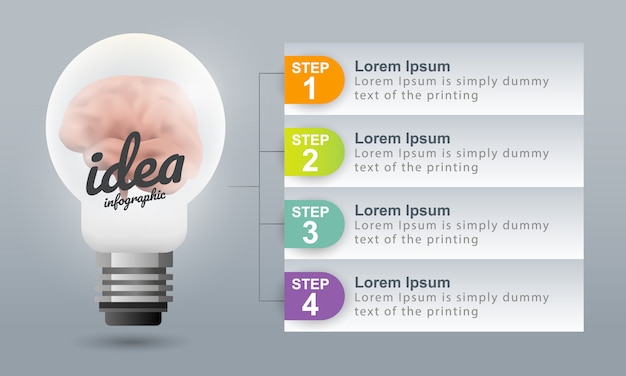 Cervello all'interno della lampadina, idea infografica. modello vettoriale