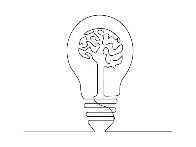 Brain in lamp continuous single line drawing isolated on white background vector illustration