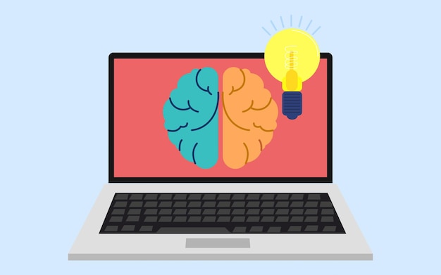 A brain on laptop screen with bulb creative idea concept vector illustration