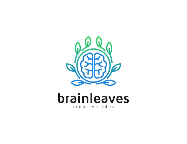 Vector brain and leaves gradient logo illustration template