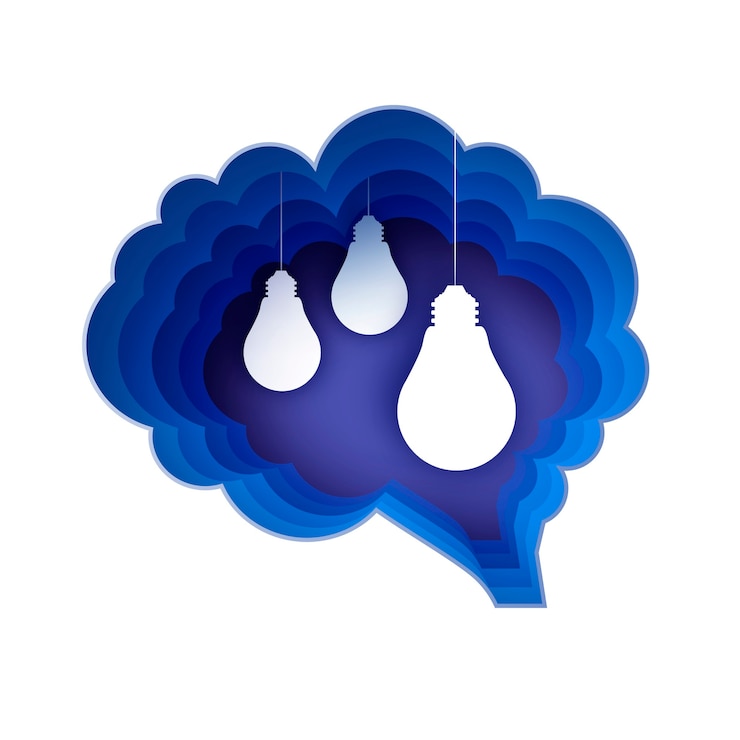 Vector brain and lightlamps. light bulb in paper craft style. origami electric bulb for creativity, startup, brainstorming, business. brain shape blue frame. idea. .