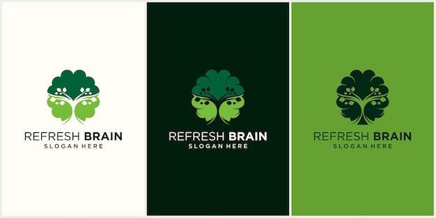 Combinazione di logo del cervello con foglie di aggiornamento del cervello rinfresco del cervello logo icon set e vector