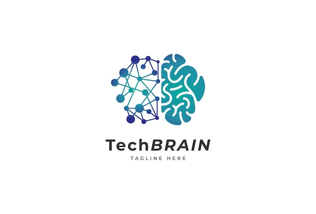 脳のロゴ デザイン、技術スタイルの脳のロゴ、フラットなデザインのロゴのテンプレート、ベクトル イラスト