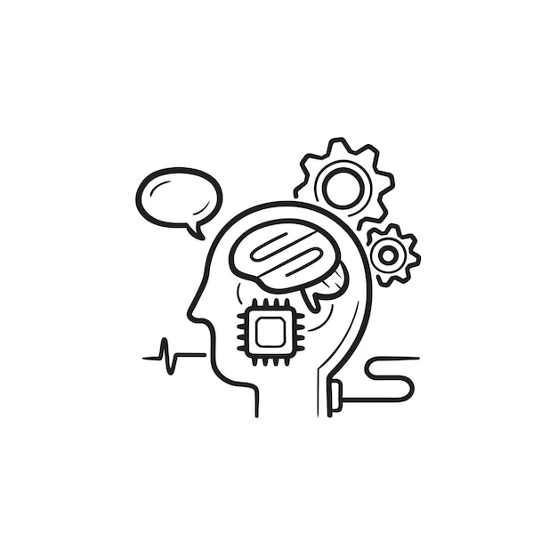 Brain machine interface hand drawn outline doodle icon. brain-computer and direct neural interface concept. vector sketch illustration for print, web, mobile and infographics on white background.