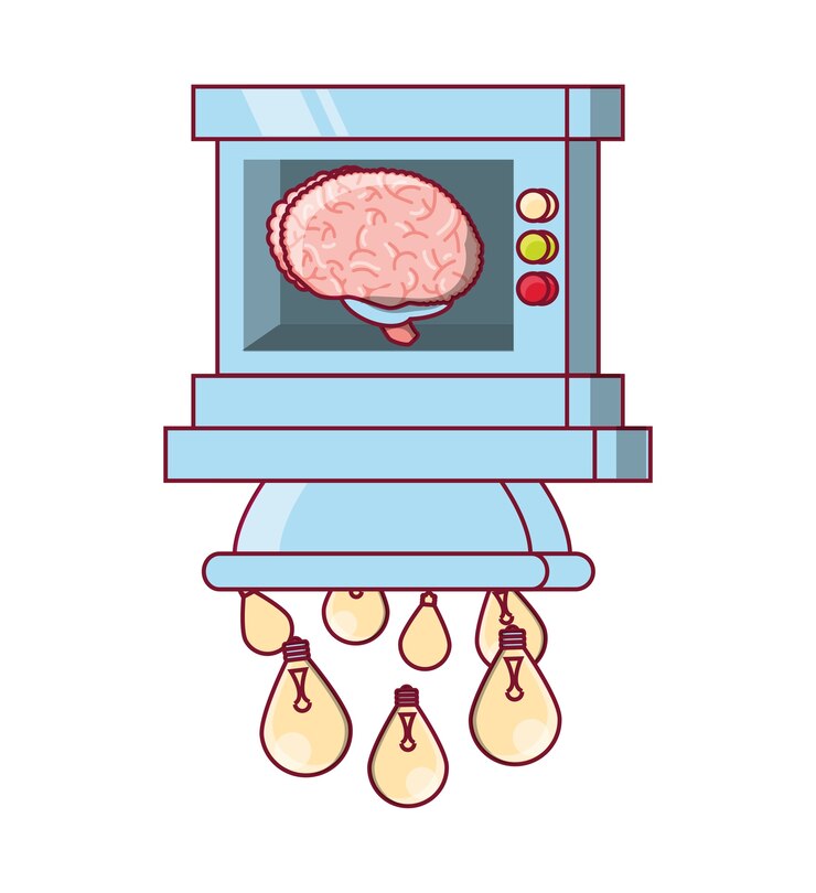 Vector brain machine processing light bulbs 