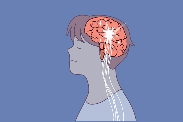 Brain and neural connection lines in head man at time of brainstorming or searching for new ideas