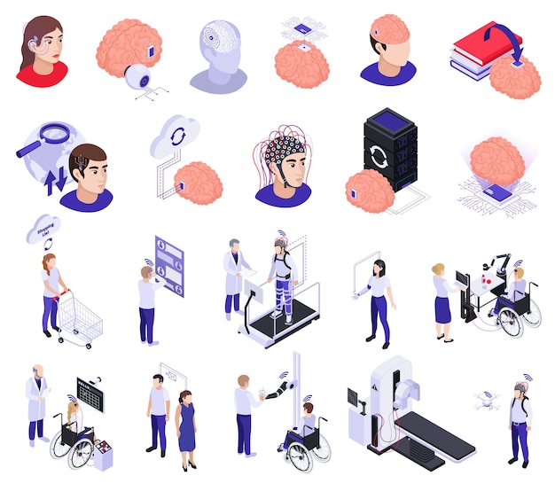 Vettore le patologie cerebrali diagnosticano gli impianti neurali modello trattamento interfacce computer innovative tecnologie di riabilitazione ricerca isometrica set vettoriale illustrazione