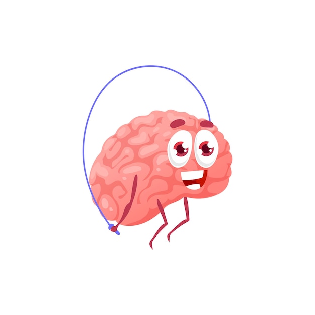 Il potere del cervello, il personaggio dei cartoni animati che salta sulla corda ha isolato l'emoticon di formazione della memoria. mente forte vettoriale che salta in palestra, salute mentale, innalzamento del quoziente d'intelligenza. mascotte creativa del cervello che fa esercizi sportivi di fitness