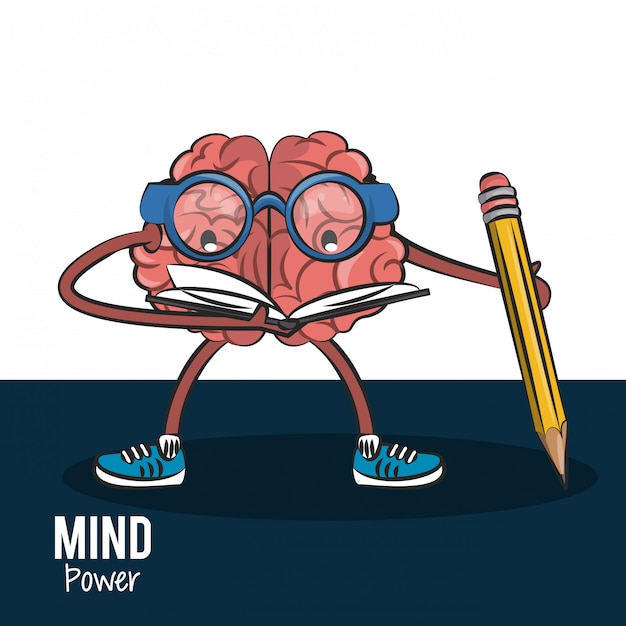 Brain reading a book and holding a pencil vector illustration graphic design