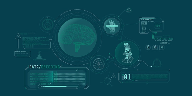 Vector brain research futuristic interface screen with data decoding