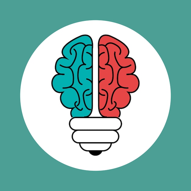 Brain shaped light bulb icon over teal background. Vector illustration.