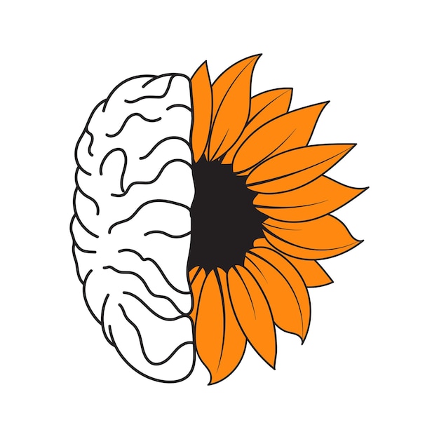 Brain and Sunflower Illustration Mental Health Concept