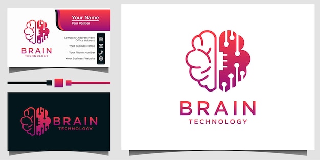 Brain tech line art logo design vector with template