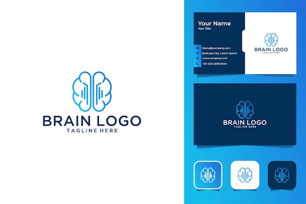 Brain technology line art logo design and business card