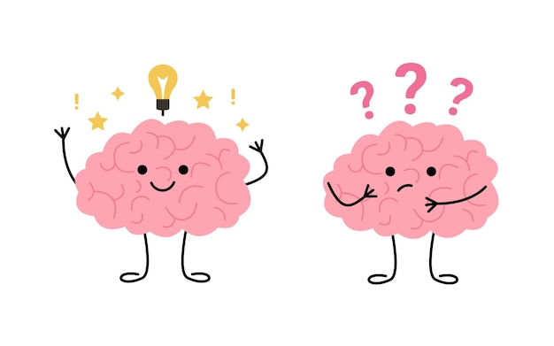벡터 두뇌는 전구를 질문에 대한 아이디어 의심으로 생각합니다. 귀여운 어린이 캐릭터 두뇌 학습은 해결책을 찾습니다