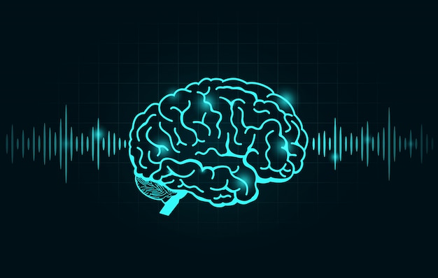 Vector brain wave and frequency line on black graph