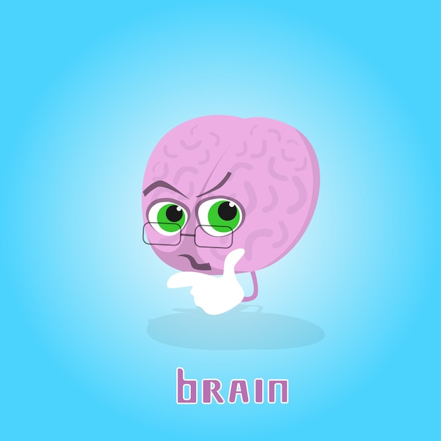 Brain wearing glasses smiling cartoon character icon banner