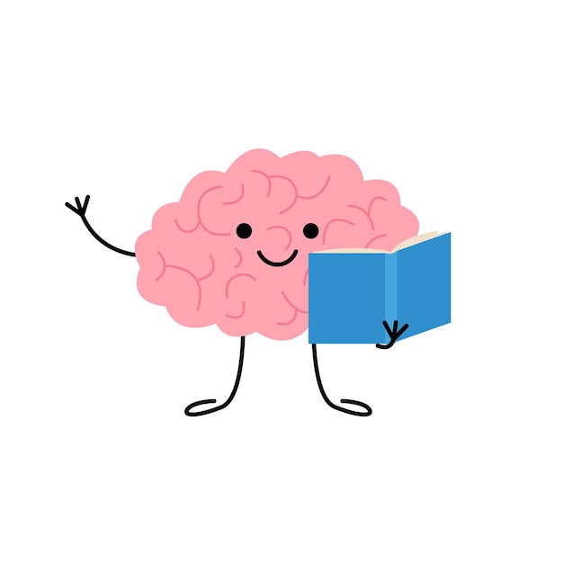 Brain with book cute child character for knowledge education Happy brain reading book