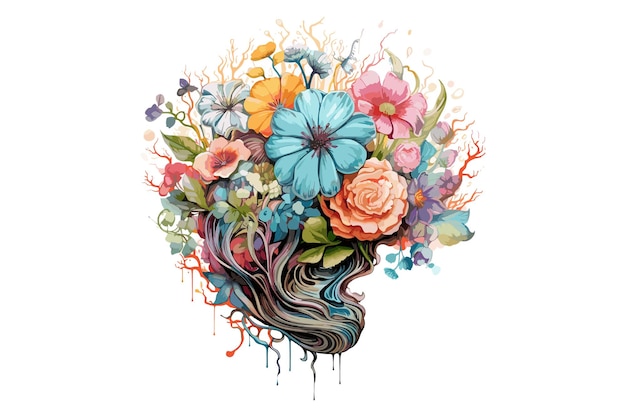 Vector brain with a floral illustration