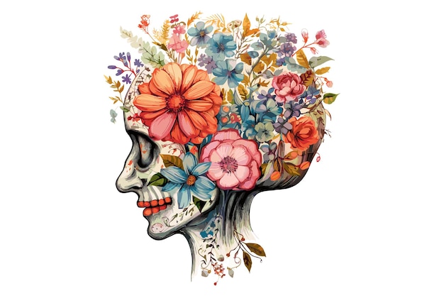 Brain with a floral illustration