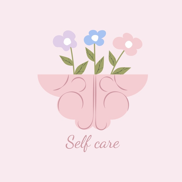 Brain with flowers and leaves Healthy blooming human internal organ vector illustration