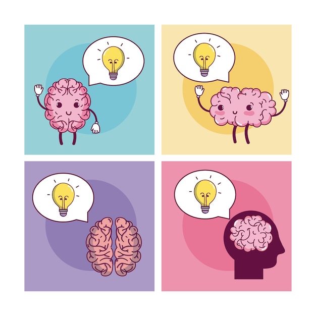 Vector brains cartoons in colorful square frames