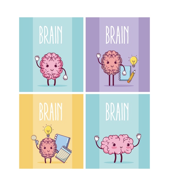 Brains cartoons in colorful square frames 